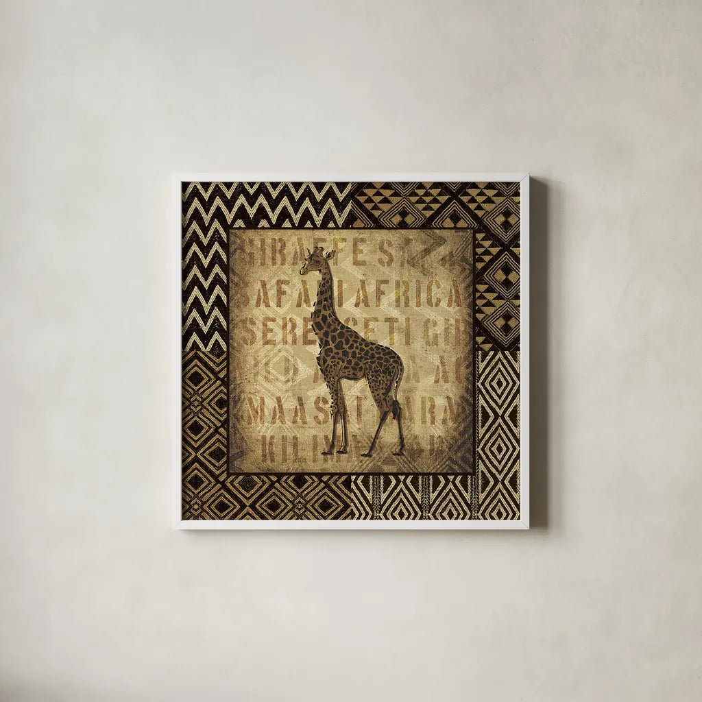 African Wild Giraffe Border by Wild Apple Portfolio. Shown in a crisp white glass frame for a clean and minimalist style. Available as an archival giclee rolled canvas, fine art paper, or poster print. SKU 16468a.
