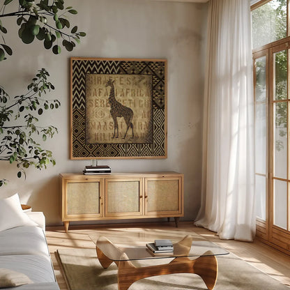 African Wild Giraffe Border by Wild Apple Portfolio. Shown in a natural wood frame in a cozy modern living room. Available as an archival giclee rolled canvas, fine art paper, or poster print. SKU 16468a.