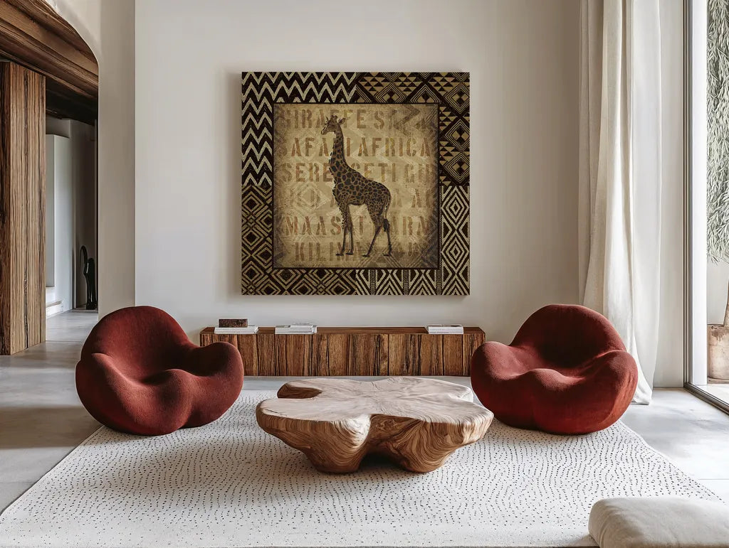 African Wild Giraffe Border by Wild Apple Portfolio. Shown as extra-large giant wall art in a modern living room. Available as an archival giclee rolled canvas, fine art paper, or poster print. SKU 16468a.