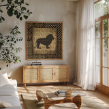 African Wild Lion Border by Wild Apple Portfolio. Shown in a natural wood frame in a cozy modern living room. Available as an archival giclee rolled canvas, fine art paper, or poster print. SKU 16467a.