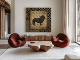 African Wild Lion Border by Wild Apple Portfolio. Shown as extra-large giant wall art in a modern living room. Available as an archival giclee rolled canvas, fine art paper, or poster print. SKU 16467a.