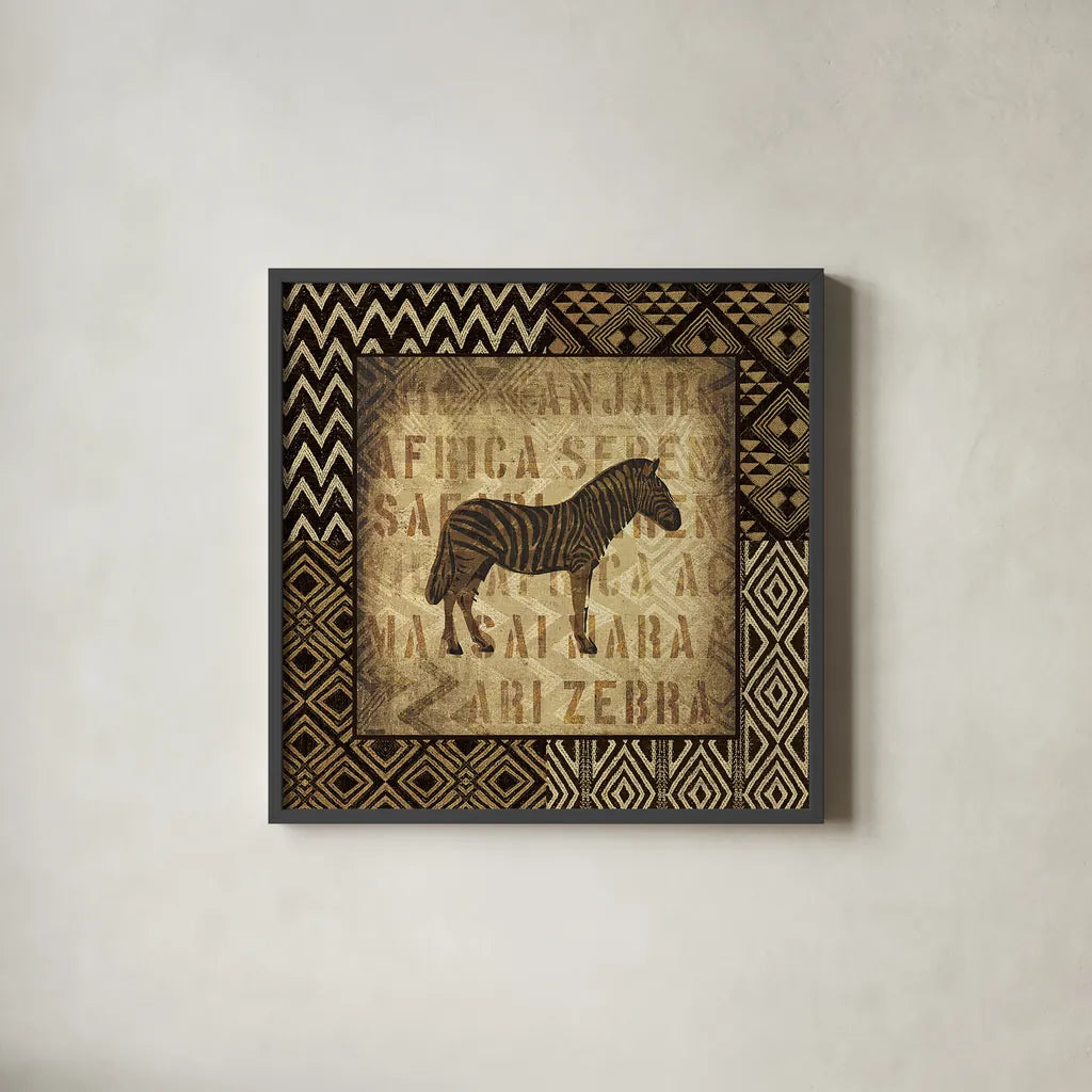 African Wild Zebra Border by Wild Apple Portfolio. Shown in a sleek black glass frame for a contemporary gallery look. Available as an archival giclee rolled canvas, fine art paper, or poster print. SKU 16465a.