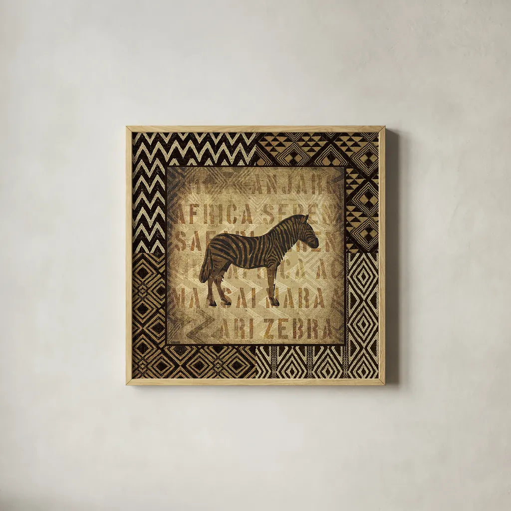 African Wild Zebra Border by Wild Apple Portfolio. Shown in a natural wood glass frame for a timeless modern aesthetic. Available as an archival giclee rolled canvas, fine art paper, or poster print. SKU 16465a.