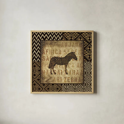African Wild Zebra Border by Wild Apple Portfolio. Shown in a natural wood glass frame for a timeless modern aesthetic. Available as an archival giclee rolled canvas, fine art paper, or poster print. SKU 16465a.