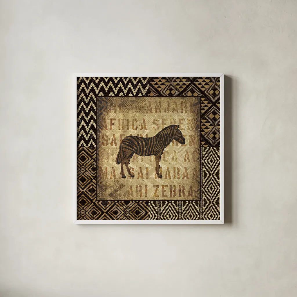 African Wild Zebra Border by Wild Apple Portfolio. Shown in a crisp white glass frame for a clean and minimalist style. Available as an archival giclee rolled canvas, fine art paper, or poster print. SKU 16465a.