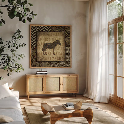 African Wild Zebra Border by Wild Apple Portfolio. Shown in a natural wood frame in a cozy modern living room. Available as an archival giclee rolled canvas, fine art paper, or poster print. SKU 16465a.