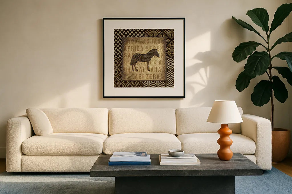 African Wild Zebra Border by Wild Apple Portfolio. Displayed in a glass frame with matte in a clean modern living room. Available as an archival giclee rolled canvas, fine art paper, or poster print. SKU 16465a.