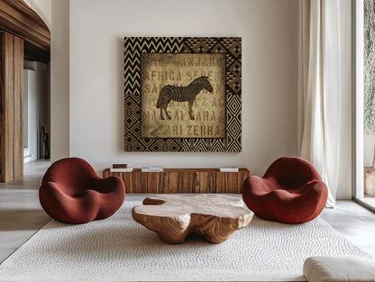African Wild Zebra Border by Wild Apple Portfolio. Shown as extra-large giant wall art in a modern living room. Available as an archival giclee rolled canvas, fine art paper, or poster print. SKU 16465a.