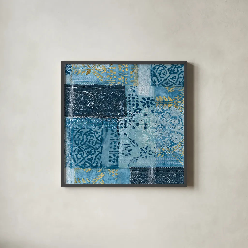 Alhambra II Indigo by Wild Apple Portfolio. Shown in a sleek black glass frame for a contemporary gallery look. Available as an archival giclee rolled canvas, fine art paper, or poster print. SKU 16835a.