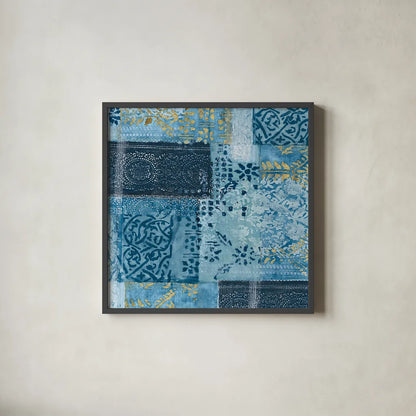Alhambra II Indigo by Wild Apple Portfolio. Shown in a sleek black glass frame for a contemporary gallery look. Available as an archival giclee rolled canvas, fine art paper, or poster print. SKU 16835a.