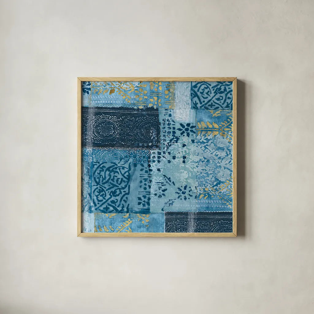 Alhambra II Indigo by Wild Apple Portfolio. Shown in a natural wood glass frame for a timeless modern aesthetic. Available as an archival giclee rolled canvas, fine art paper, or poster print. SKU 16835a.