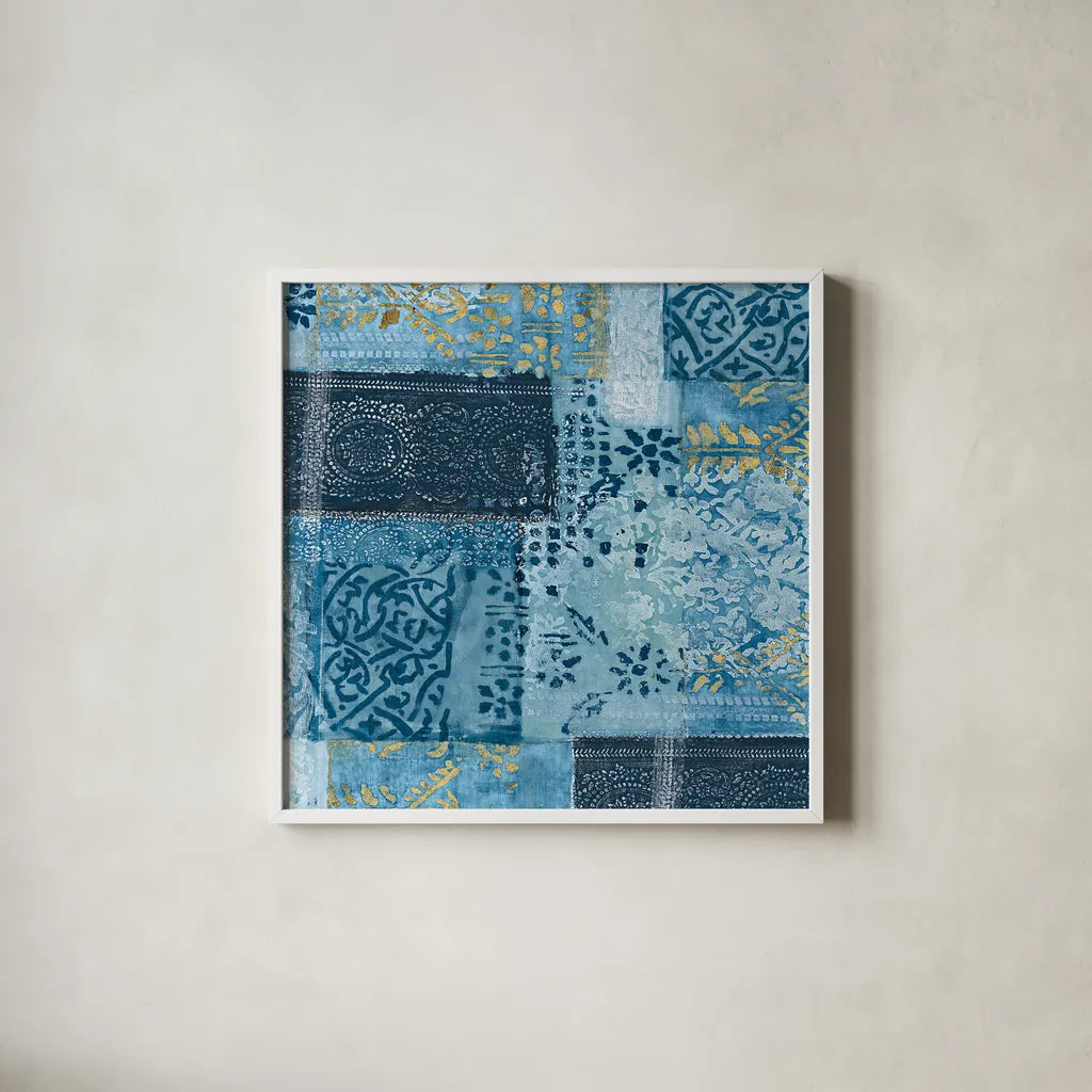 Alhambra II Indigo by Wild Apple Portfolio. Shown in a crisp white glass frame for a clean and minimalist style. Available as an archival giclee rolled canvas, fine art paper, or poster print. SKU 16835a.