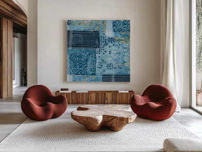 Alhambra II Indigo by Wild Apple Portfolio. Shown as extra-large giant wall art in a modern living room. Available as an archival giclee rolled canvas, fine art paper, or poster print. SKU 16835a.