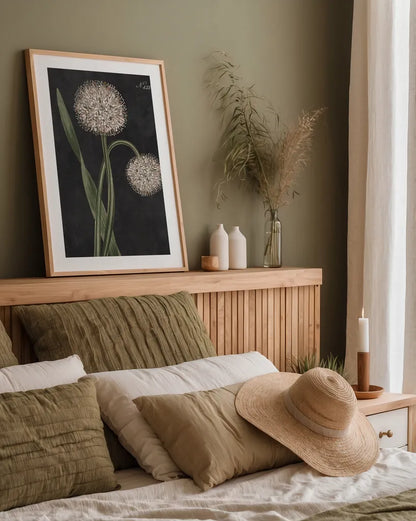 Allium II on Black by Wild Apple Portfolio. shown as a paper print in a natural frame. Available as a archival giclee rolled canvas, fine art paper, or poster print. SKU 78146h.