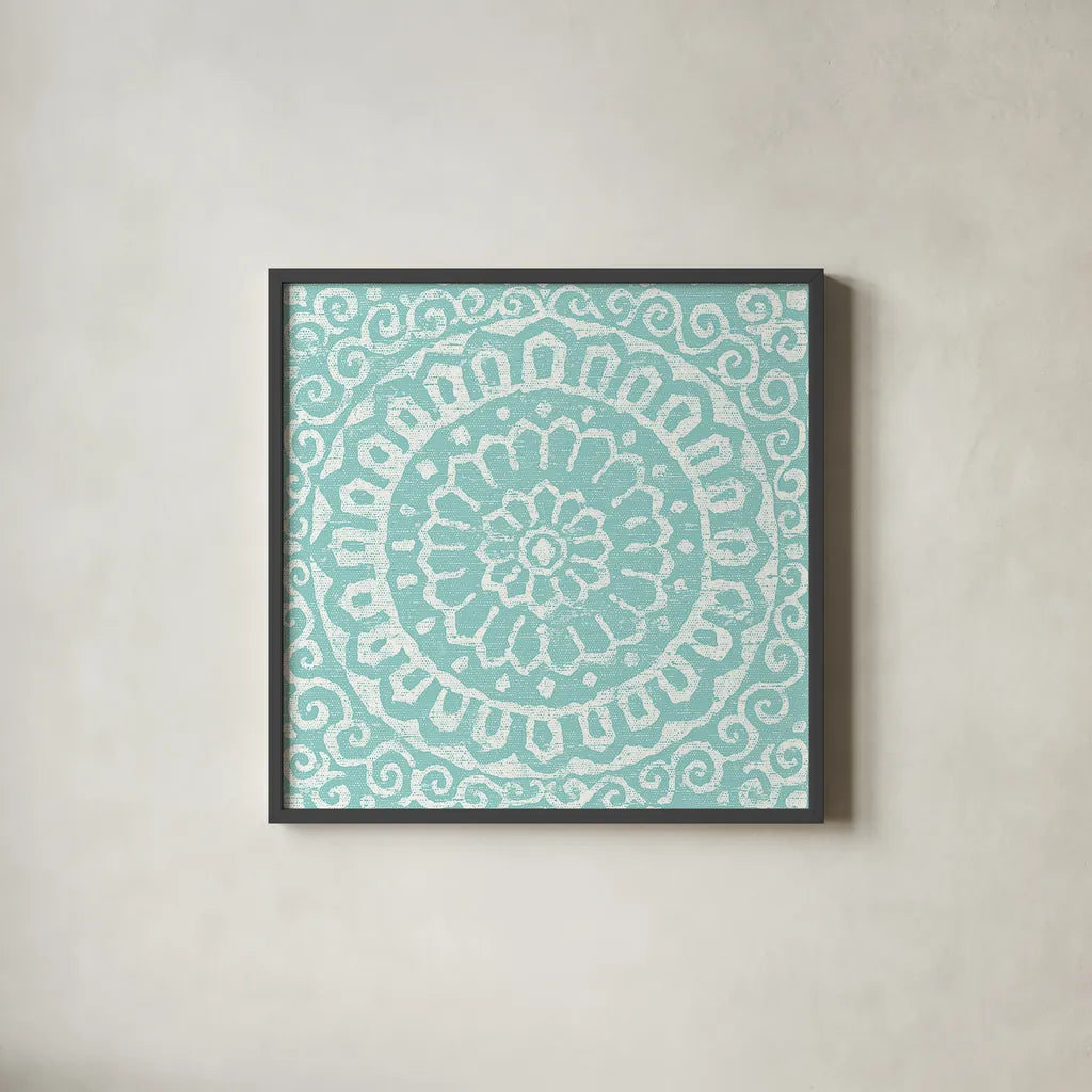 Amadora Blue - Tile VI by Wild Apple Portfolio. Shown in a sleek black glass frame for a contemporary gallery look. Available as an archival giclee rolled canvas, fine art paper, or poster print. SKU 25700a.