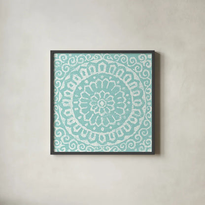 Amadora Blue - Tile VI by Wild Apple Portfolio. Shown in a sleek black glass frame for a contemporary gallery look. Available as an archival giclee rolled canvas, fine art paper, or poster print. SKU 25700a.