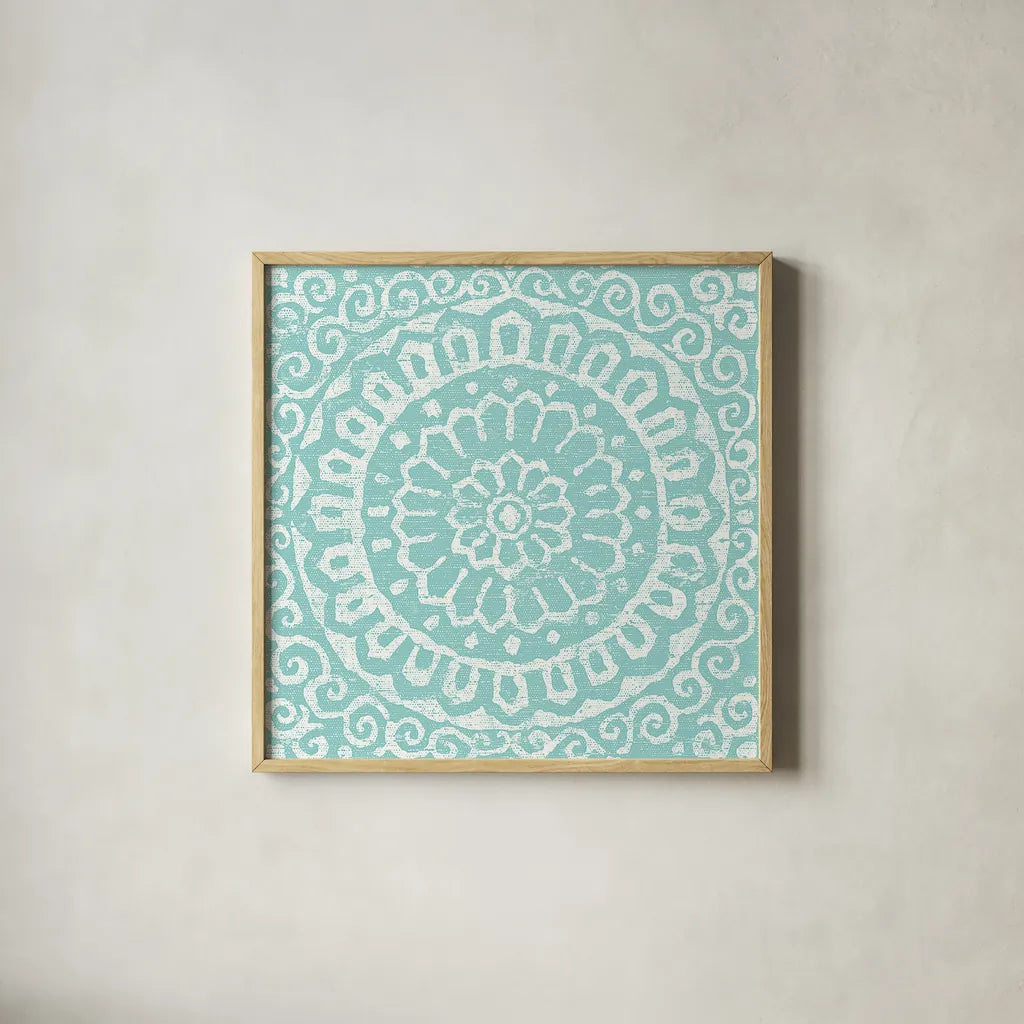 Amadora Blue - Tile VI by Wild Apple Portfolio. Shown in a natural wood glass frame for a timeless modern aesthetic. Available as an archival giclee rolled canvas, fine art paper, or poster print. SKU 25700a.