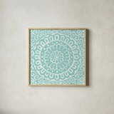Amadora Blue - Tile VI by Wild Apple Portfolio. Shown in a natural wood glass frame for a timeless modern aesthetic. Available as an archival giclee rolled canvas, fine art paper, or poster print. SKU 25700a.