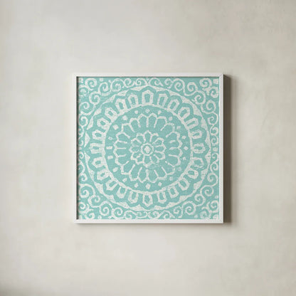 Amadora Blue - Tile VI by Wild Apple Portfolio. Shown in a crisp white glass frame for a clean and minimalist style. Available as an archival giclee rolled canvas, fine art paper, or poster print. SKU 25700a.