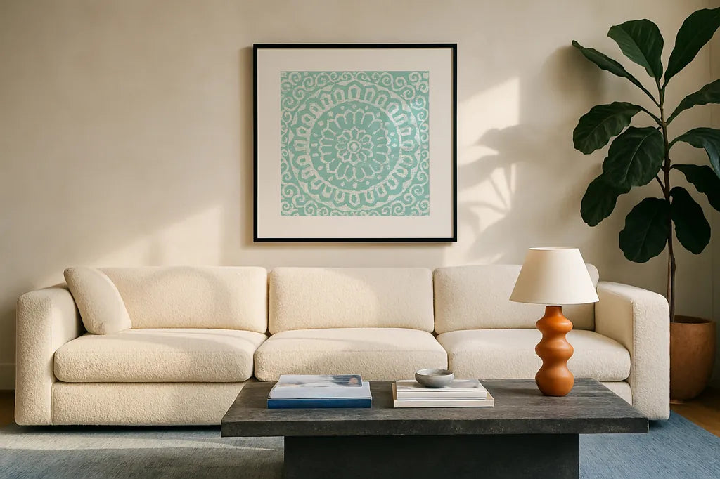 Amadora Blue - Tile VI by Wild Apple Portfolio. Displayed in a glass frame with matte in a clean modern living room. Available as an archival giclee rolled canvas, fine art paper, or poster print. SKU 25700a.