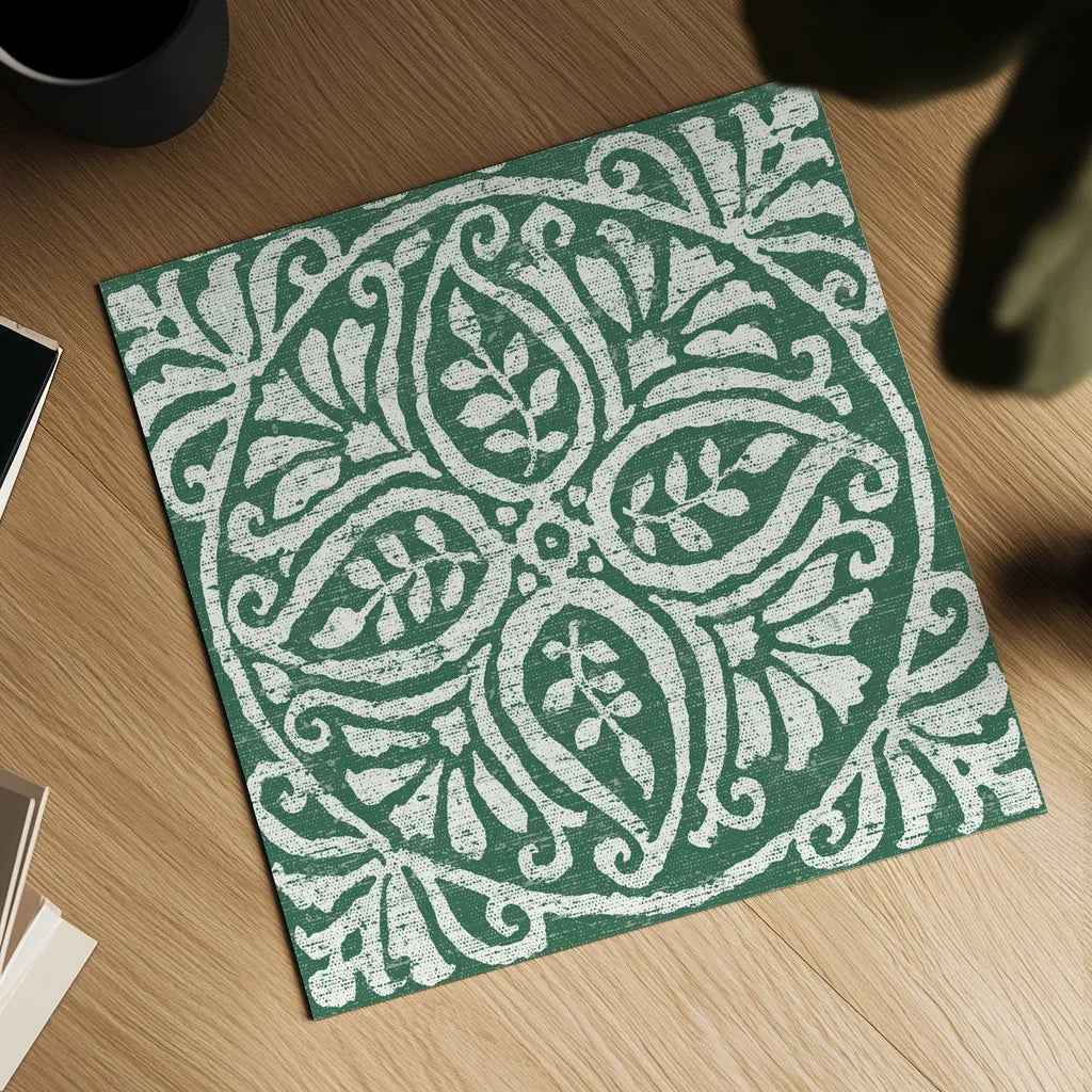 Amadora Dark Green Tile IV by Wild Apple Portfolio. Shown as a detailed flat fine art print, highlighting archival giclee quality. Available as an archival giclee rolled canvas, fine art paper, or poster print. SKU 56952a.
