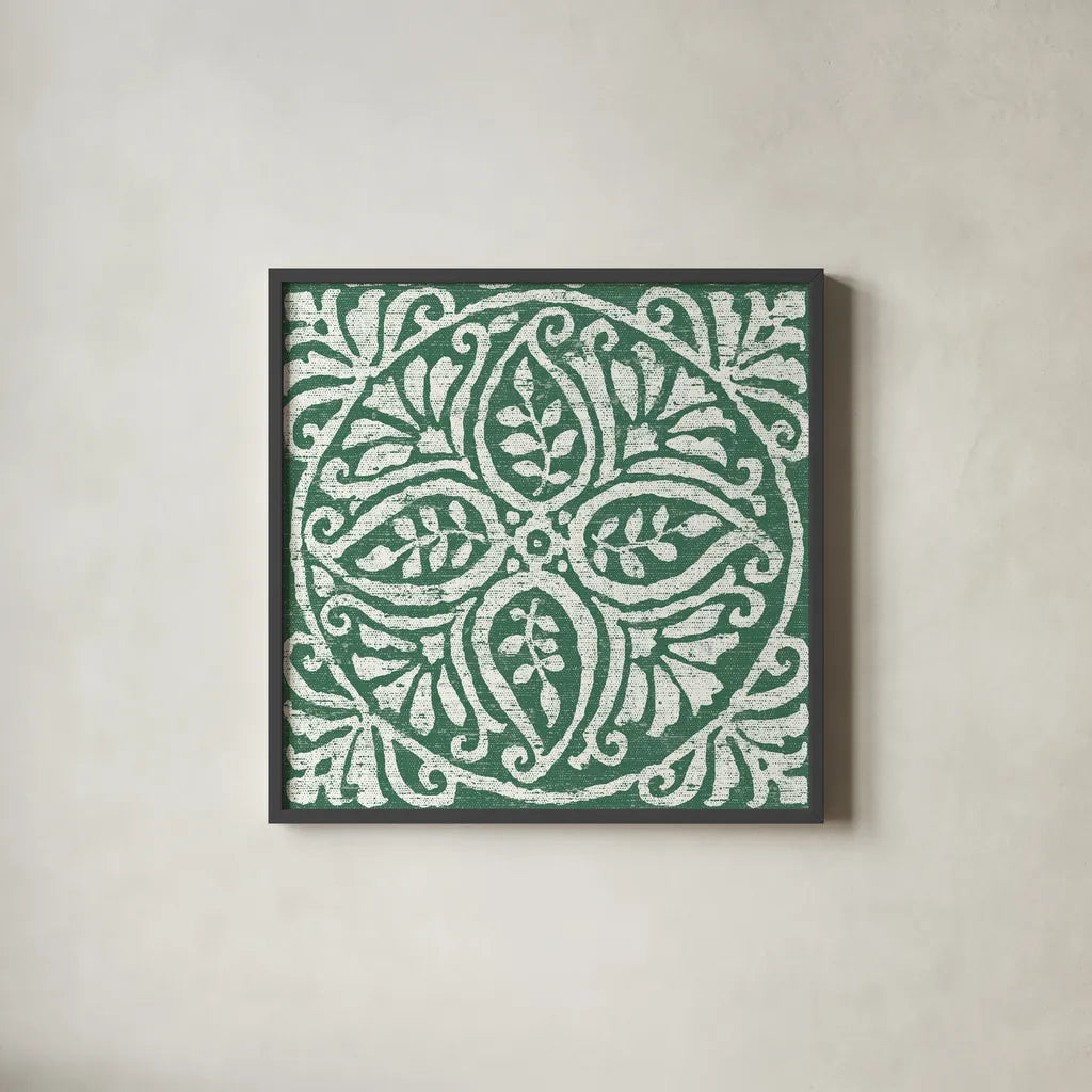 Amadora Dark Green Tile IV by Wild Apple Portfolio. Shown in a sleek black glass frame for a contemporary gallery look. Available as an archival giclee rolled canvas, fine art paper, or poster print. SKU 56952a.