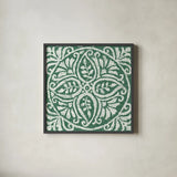 Amadora Dark Green Tile IV by Wild Apple Portfolio. Shown in a sleek black glass frame for a contemporary gallery look. Available as an archival giclee rolled canvas, fine art paper, or poster print. SKU 56952a.