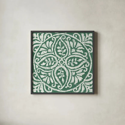 Amadora Dark Green Tile IV by Wild Apple Portfolio. Shown in a sleek black glass frame for a contemporary gallery look. Available as an archival giclee rolled canvas, fine art paper, or poster print. SKU 56952a.