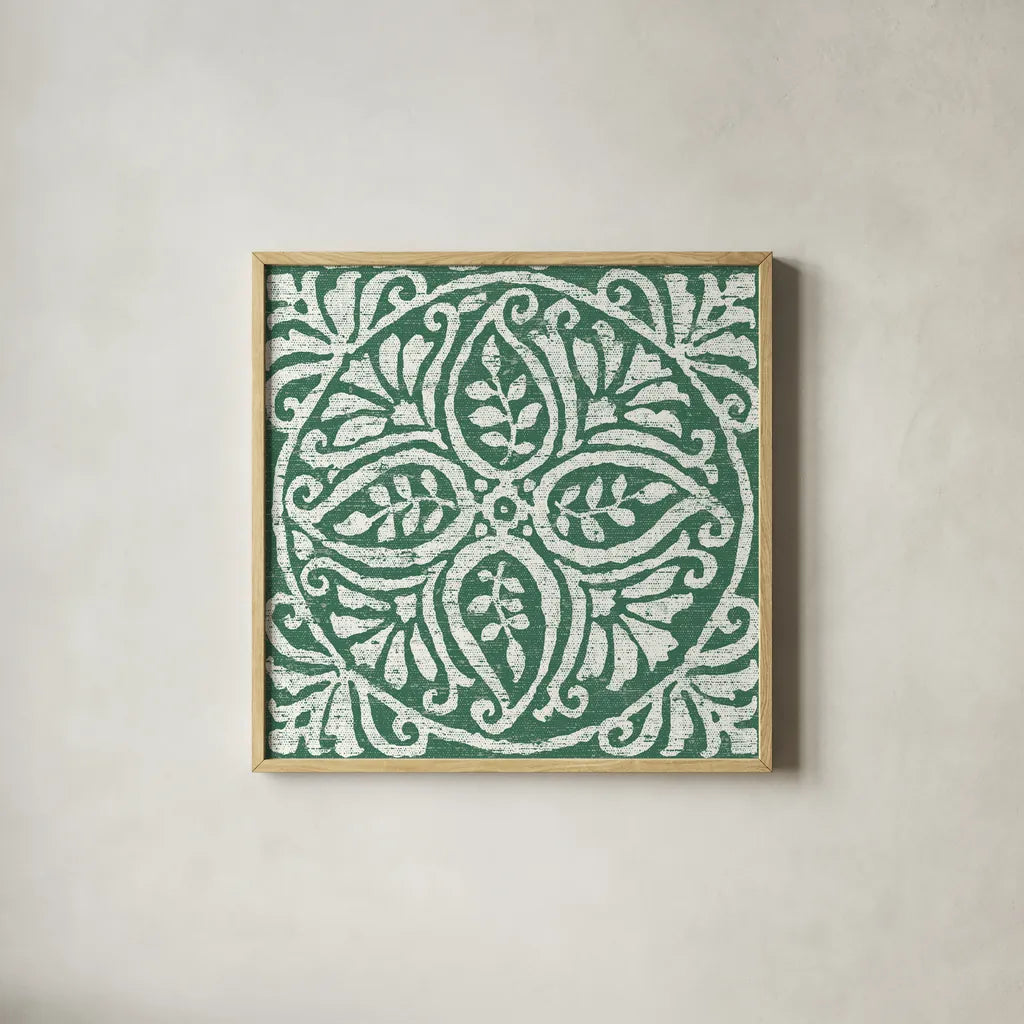 Amadora Dark Green Tile IV by Wild Apple Portfolio. Shown in a natural wood glass frame for a timeless modern aesthetic. Available as an archival giclee rolled canvas, fine art paper, or poster print. SKU 56952a.