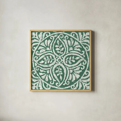 Amadora Dark Green Tile IV by Wild Apple Portfolio. Shown in a natural wood glass frame for a timeless modern aesthetic. Available as an archival giclee rolled canvas, fine art paper, or poster print. SKU 56952a.