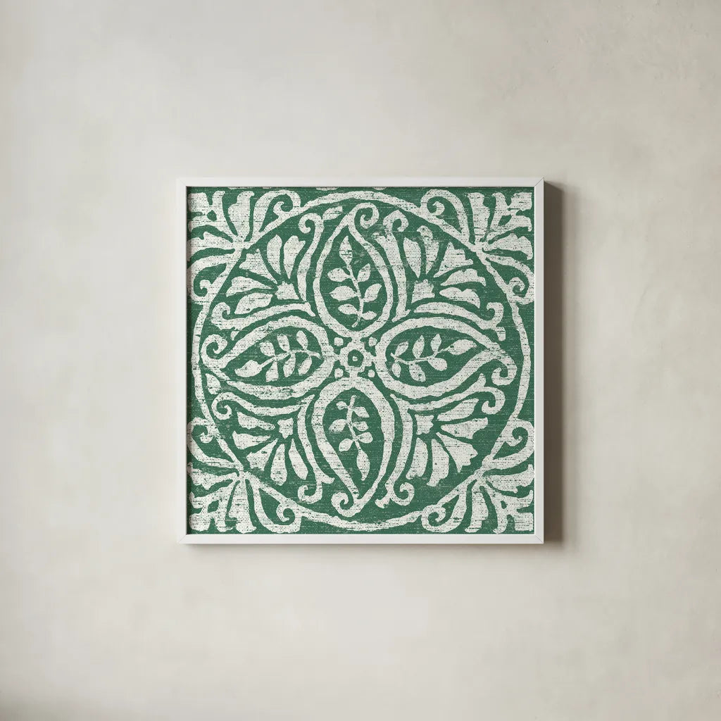 Amadora Dark Green Tile IV by Wild Apple Portfolio. Shown in a crisp white glass frame for a clean and minimalist style. Available as an archival giclee rolled canvas, fine art paper, or poster print. SKU 56952a.