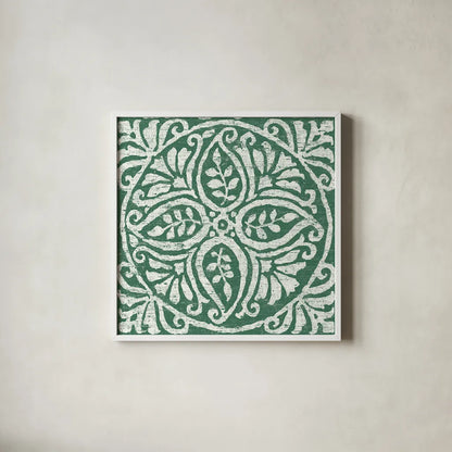 Amadora Dark Green Tile IV by Wild Apple Portfolio. Shown in a crisp white glass frame for a clean and minimalist style. Available as an archival giclee rolled canvas, fine art paper, or poster print. SKU 56952a.