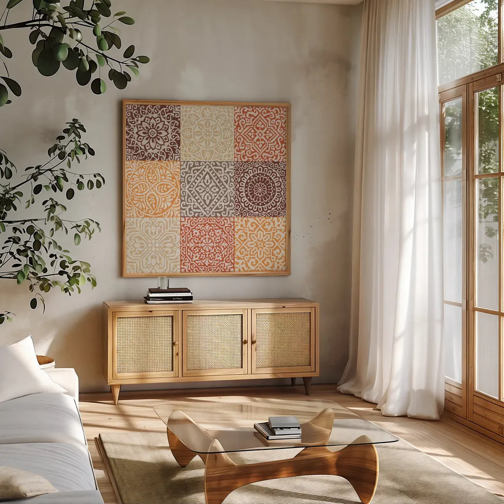 Amadora Spice by Wild Apple Portfolio. Shown in a natural wood frame in a cozy modern living room. Available as an archival giclee rolled canvas, fine art paper, or poster print. SKU 93690a.