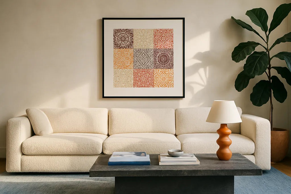 Amadora Spice by Wild Apple Portfolio. Displayed in a glass frame with matte in a clean modern living room. Available as an archival giclee rolled canvas, fine art paper, or poster print. SKU 93690a.