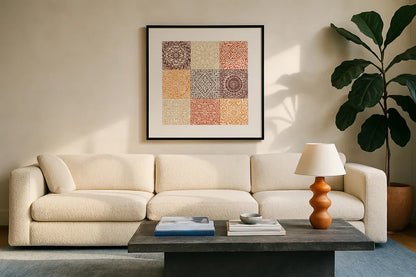 Amadora Spice by Wild Apple Portfolio. Displayed in a glass frame with matte in a clean modern living room. Available as an archival giclee rolled canvas, fine art paper, or poster print. SKU 93690a.
