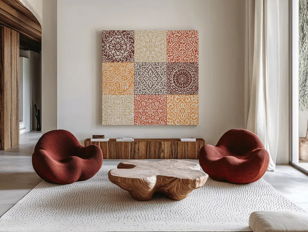 Amadora Spice by Wild Apple Portfolio. Shown as extra-large giant wall art in a modern living room. Available as an archival giclee rolled canvas, fine art paper, or poster print. SKU 93690a.