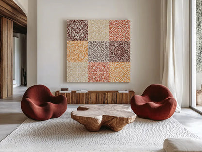Amadora Spice by Wild Apple Portfolio. Shown as extra-large giant wall art in a modern living room. Available as an archival giclee rolled canvas, fine art paper, or poster print. SKU 93690a.