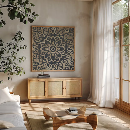 Amadora with Brown Square I by Wild Apple Portfolio. Shown in a natural wood frame in a cozy modern living room. Available as an archival giclee rolled canvas, fine art paper, or poster print. SKU 25295a.