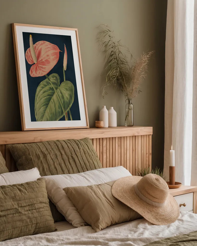 Anthurium Ferrierense Dark Blue No Words by Wild Apple Portfolio. shown as a paper print in a natural frame. Available as a archival giclee rolled canvas, fine art paper, or poster print. SKU 90106h.