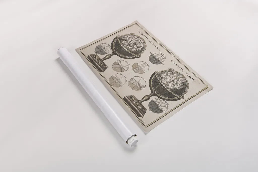 Antique Globes Neutral by Wild Apple Portfolio. shown as a rolled paper print. Available as archival giclee rolled canvas, fine art paper, or poster print. SKU 52845i.