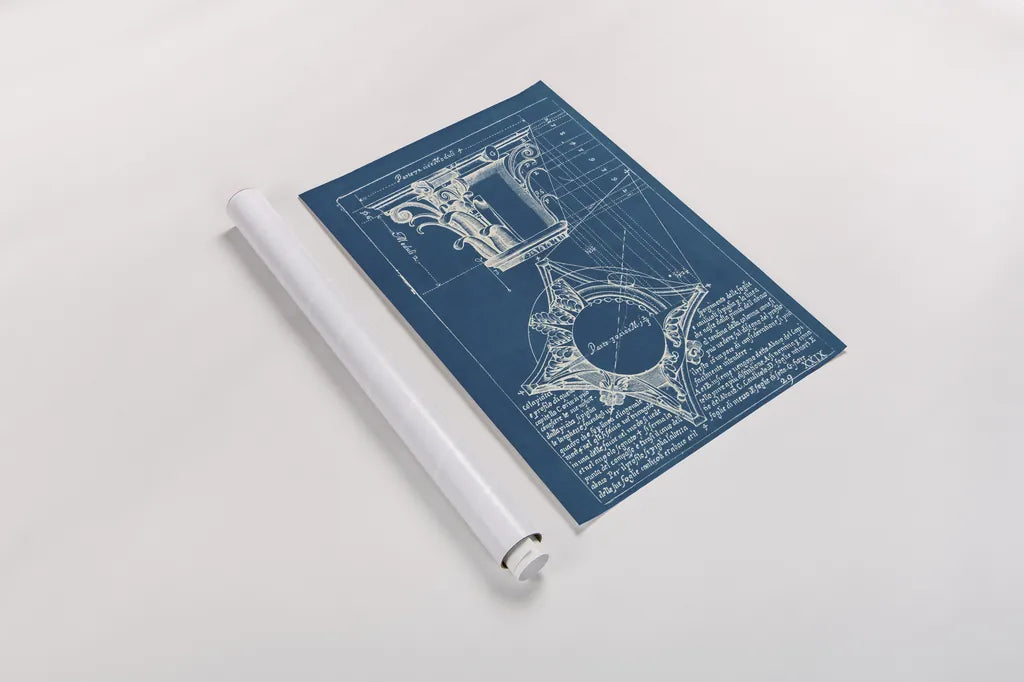 Architectural Drawings I Blueprint by Wild Apple Portfolio. shown as a rolled paper print. Available as archival giclee rolled canvas, fine art paper, or poster print. SKU 62284h.