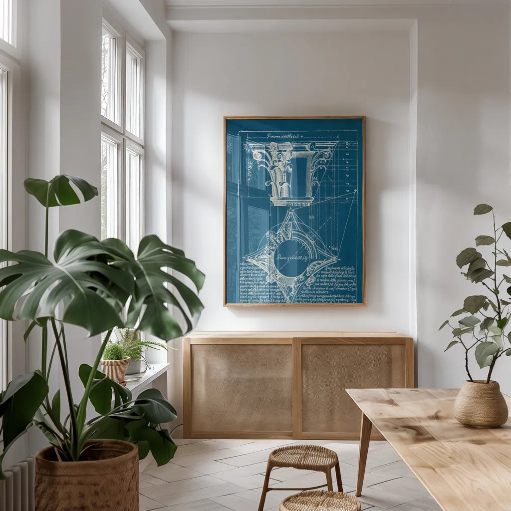 Architectural Drawings I Blueprint by Wild Apple Portfolio. shown as a print in a natural wood frame in a dining room. Available as a archival giclee rolled canvas, fine art paper, or poster print. SKU 62284h.