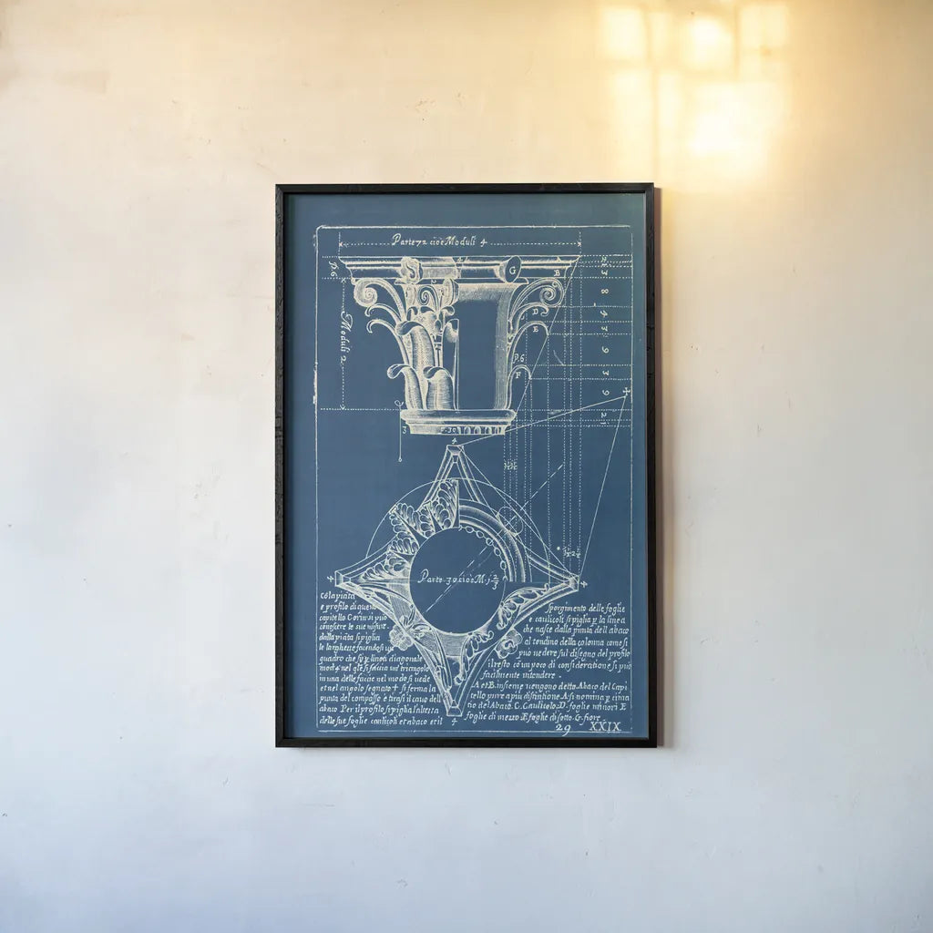Architectural Drawings I Blueprint by Wild Apple Portfolio. shown as a paper print in a black flame. Available as a archival giclee rolled canvas, fine art paper, or poster print. SKU 62284h.