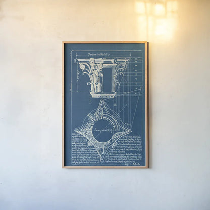 Architectural Drawings I Blueprint by Wild Apple Portfolio. shown as a paper print in a natural frame. Available as a archival giclee rolled canvas, fine art paper, or poster print. SKU 62284h.