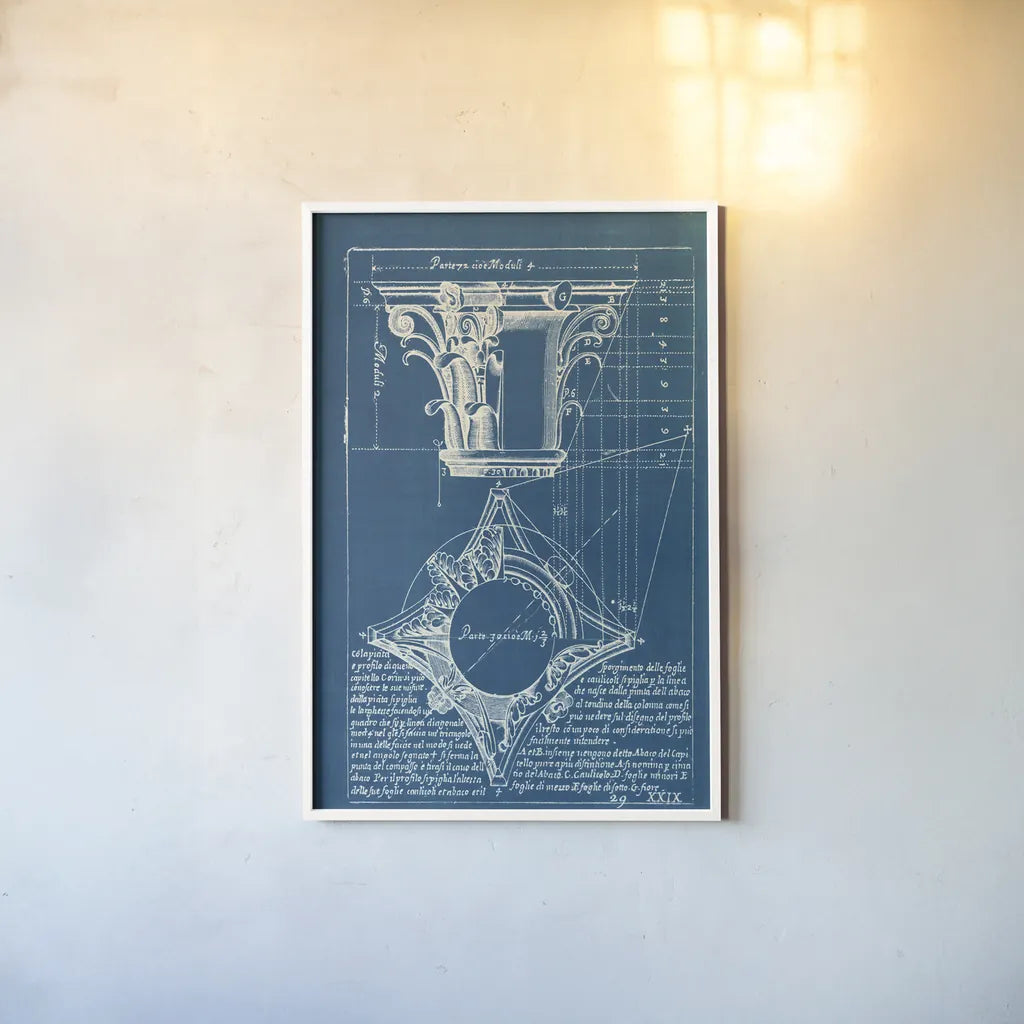 Architectural Drawings I Blueprint by Wild Apple Portfolio. shown as a paper print in a white frame. Available as a archival giclee rolled canvas, fine art paper, or poster print. SKU 62284h.