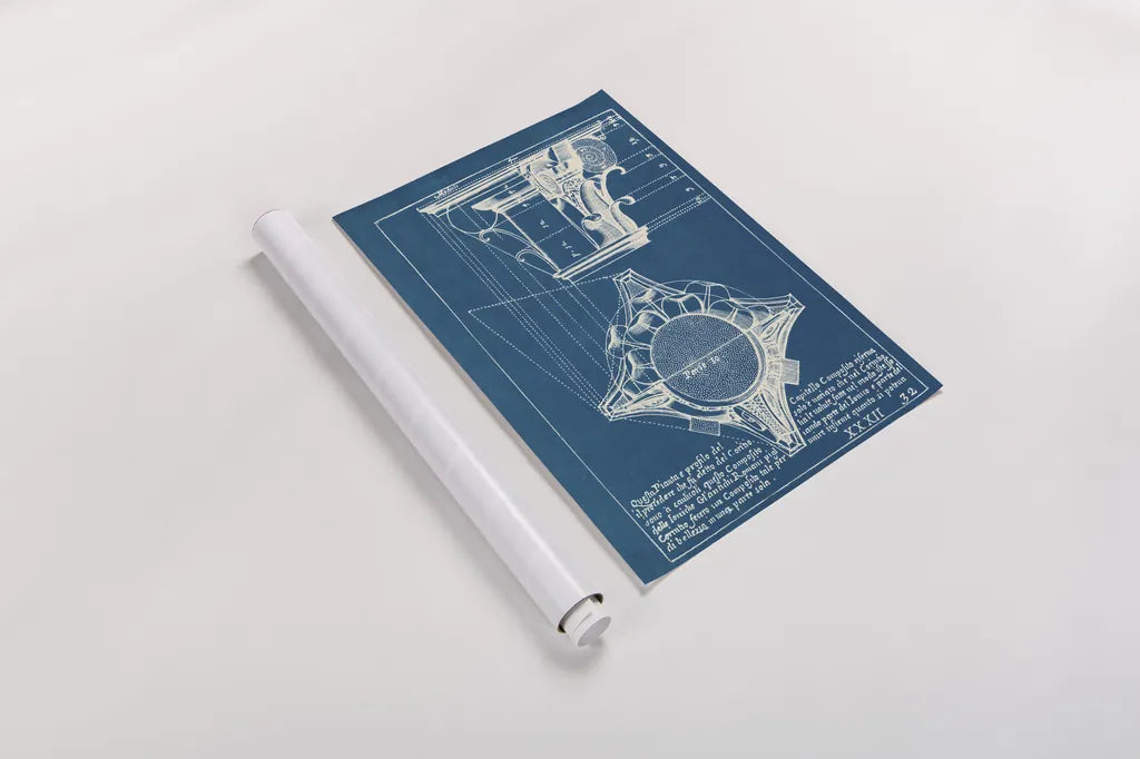 Architectural Drawings X Blueprint by Wild Apple Portfolio. shown as a rolled paper print. Available as archival giclee rolled canvas, fine art paper, or poster print. SKU 62285h.