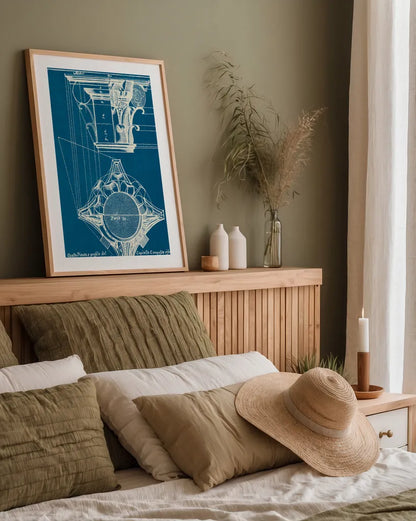 Architectural Drawings X Blueprint by Wild Apple Portfolio. shown as a paper print in a natural frame. Available as a archival giclee rolled canvas, fine art paper, or poster print. SKU 62285h.