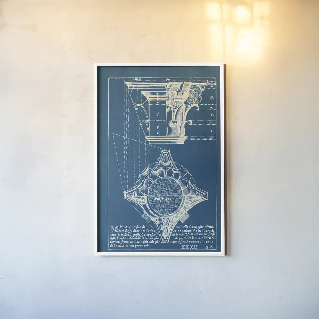 Architectural Drawings X Blueprint by Wild Apple Portfolio. shown as a paper print in a white frame. Available as a archival giclee rolled canvas, fine art paper, or poster print. SKU 62285h.