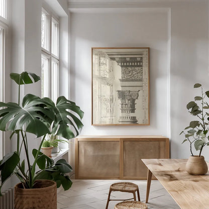 Architectural Rendering I Cream by Wild Apple Portfolio. shown as a print in a natural wood frame in a dining room. Available as a archival giclee rolled canvas, fine art paper, or poster print. SKU 15525h.