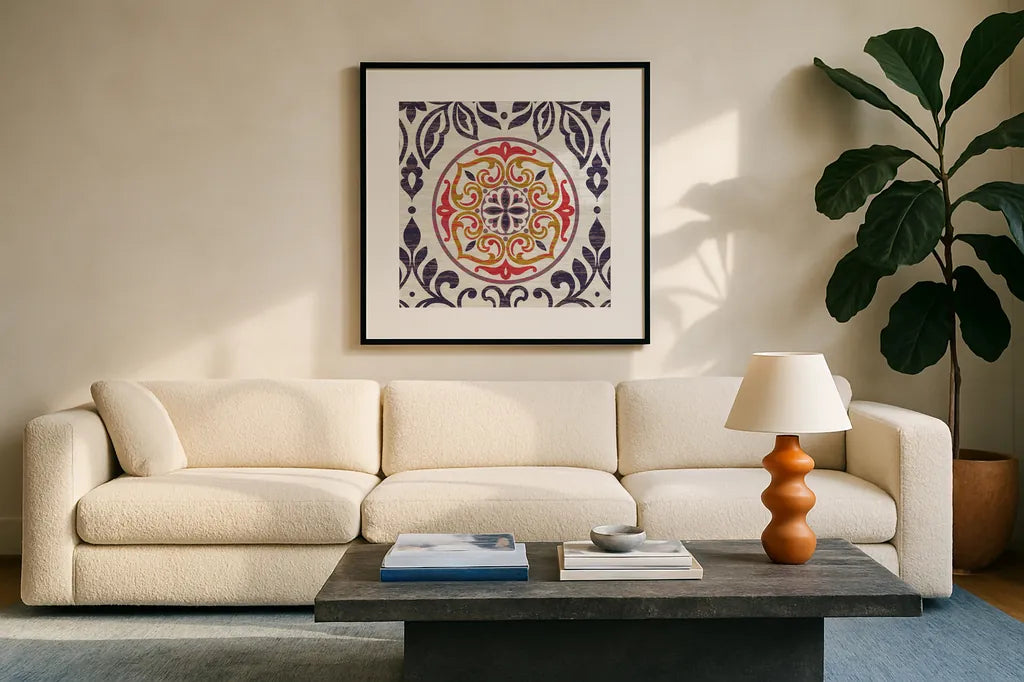Arista Square III by Wild Apple Portfolio. Displayed in a glass frame with matte in a clean modern living room. Available as an archival giclee rolled canvas, fine art paper, or poster print. SKU 30496a.